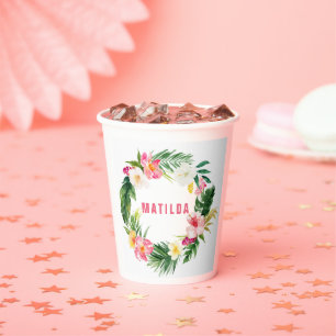 tropical floral pink yellow flamingo stylish paper cups