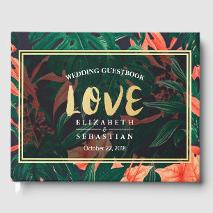 Tropical Floral Plant Gold Frame Wedding Guestbook