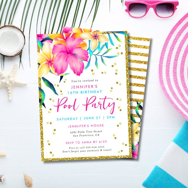 Tropical Floral Pool Party Birthday Invitation (Creator Uploaded)