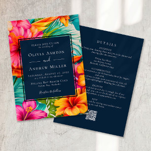 Tropical Floral QR Code Destination Beach Wedding Invitation