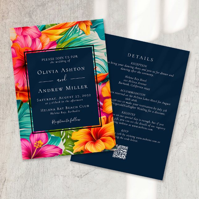 Tropical Floral QR Code Destination Beach Wedding Invitation (Creator Uploaded)