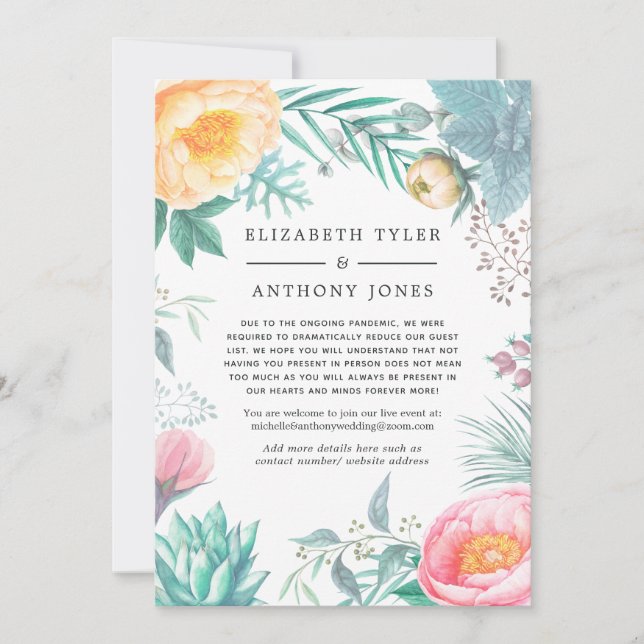 Tropical Floral Reduced Wedding Guest List Announcement (Front)