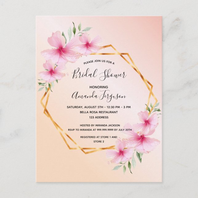 Tropical floral rose gold bridal shower invitation postcard (Front)