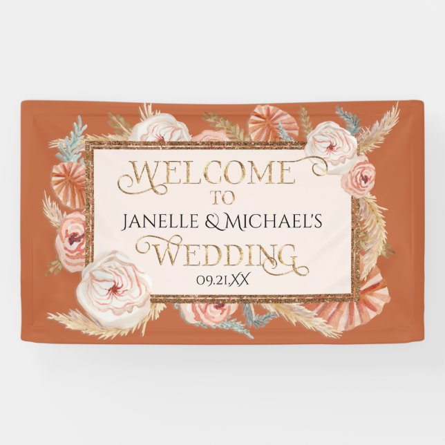 Tropical Floral Rose Gold Burnt Orange Pampas Palm Banner (Horizontal)