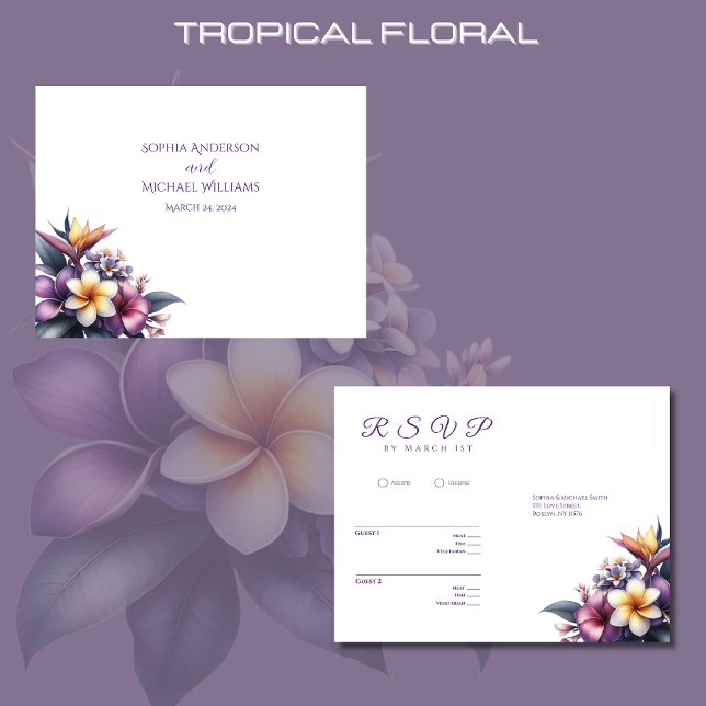 Tropical Floral-RSVP-Wedding- Postcard (Tropical Floral Wedding RSVP cards-Beach Wedding-Coastal-Purple)