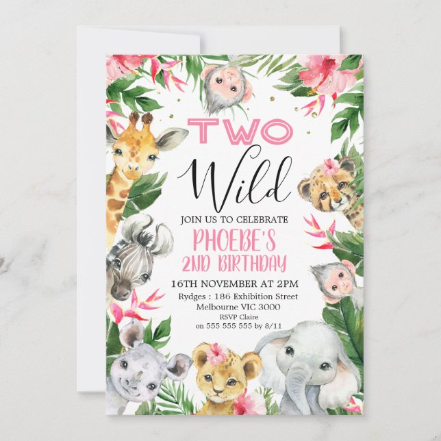 Tropical Floral Safari Animals Two Wild Birthday Invitation (Front)