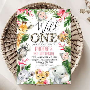 Tropical Floral Safari Animals Wild One Birthday Invitation
