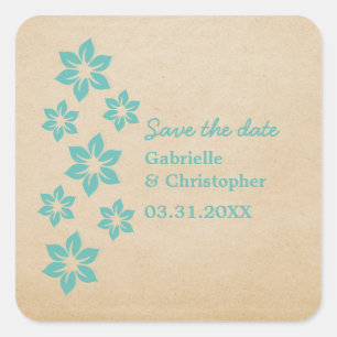 Tropical Floral Save the Date Stickers, Aqua Square Sticker