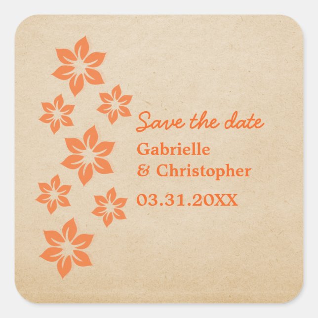 Tropical Floral Save the Date Stickers, Orange Square Sticker (Front)