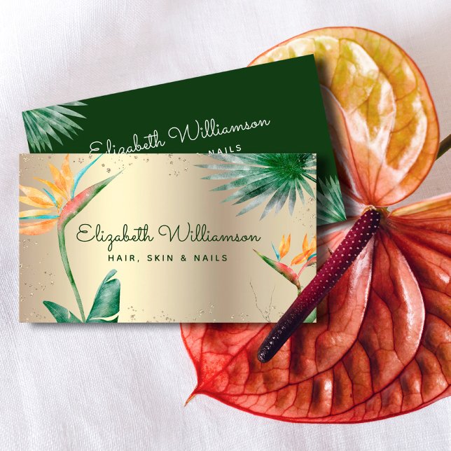 Tropical Floral Script Gold Foil Hair Beauty Salon Business Card (Creator Uploaded)
