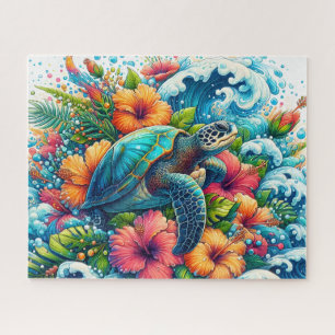 Tropical Floral Sea Turtle Jigsaw Puzzle