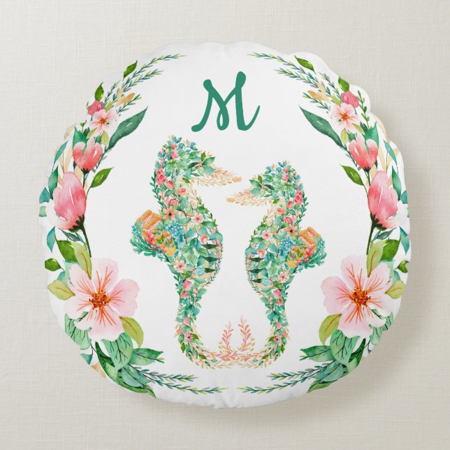 Tropical Floral Seahorse Couple Monogram Round Cushion (Front)