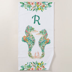 Tropical Floral Seahorse Couple Monogram Turquoise Beach Towel