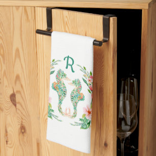 Tropical Floral Seahorse Couple Monogrammed Tea Towel