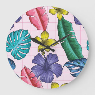 Tropical floral: seamless leaves pattern large clock
