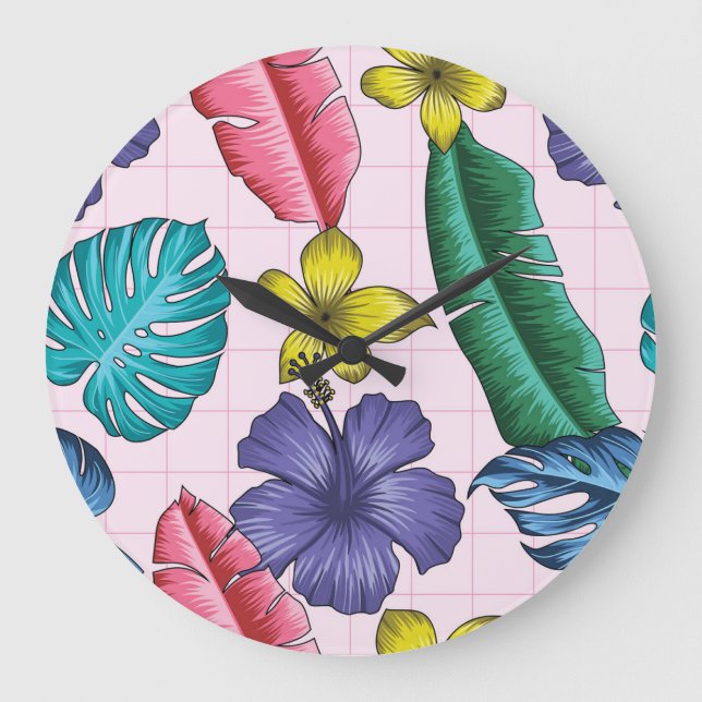 Tropical floral: seamless leaves pattern large clock (Front)