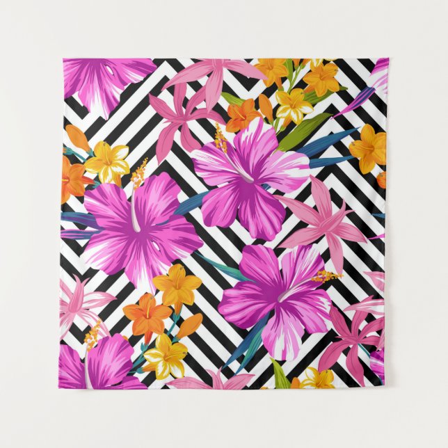 Tropical floral seamless pattern. Hibiscus and pal Tapestry (Front)