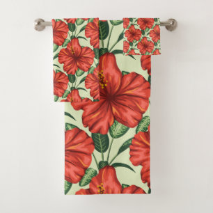Tropical floral seamless pattern red flowers bath towel set
