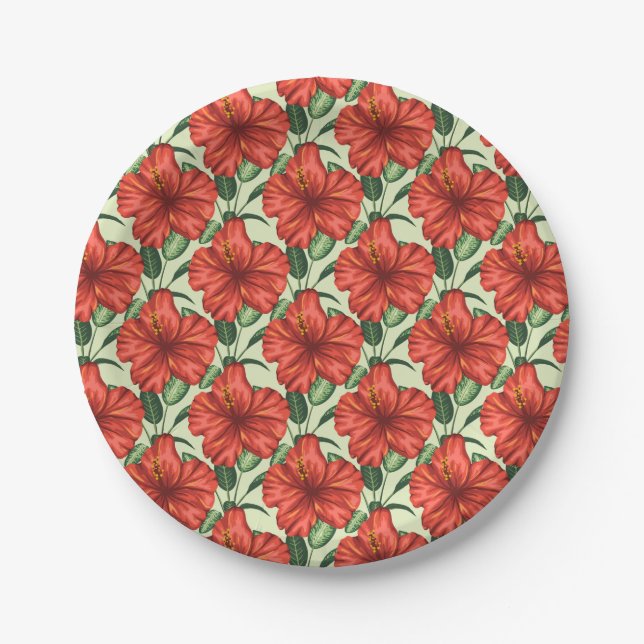Tropical floral seamless pattern red flowers paper plate (Front)