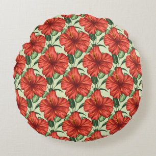 Tropical floral seamless pattern red flowers round cushion