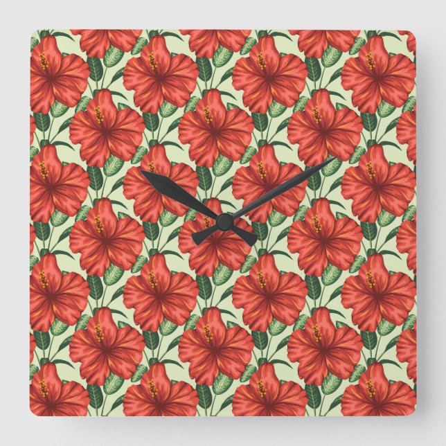 Tropical floral seamless pattern red flowers square wall clock (Front)