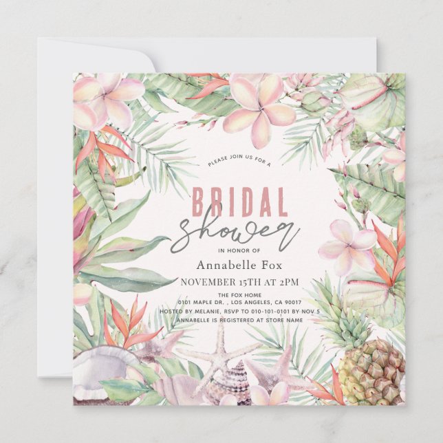 Tropical Floral Seashell Watercolor Bridal Shower Invitation (Front)