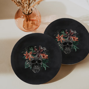 Tropical Floral Skull Halloween Paper Plate