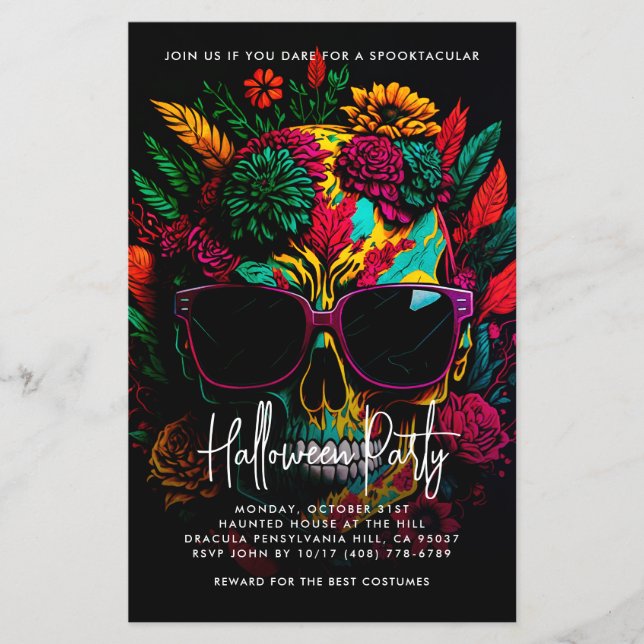 Tropical Floral Skull Halloween Party Invitation Flyer (Front)