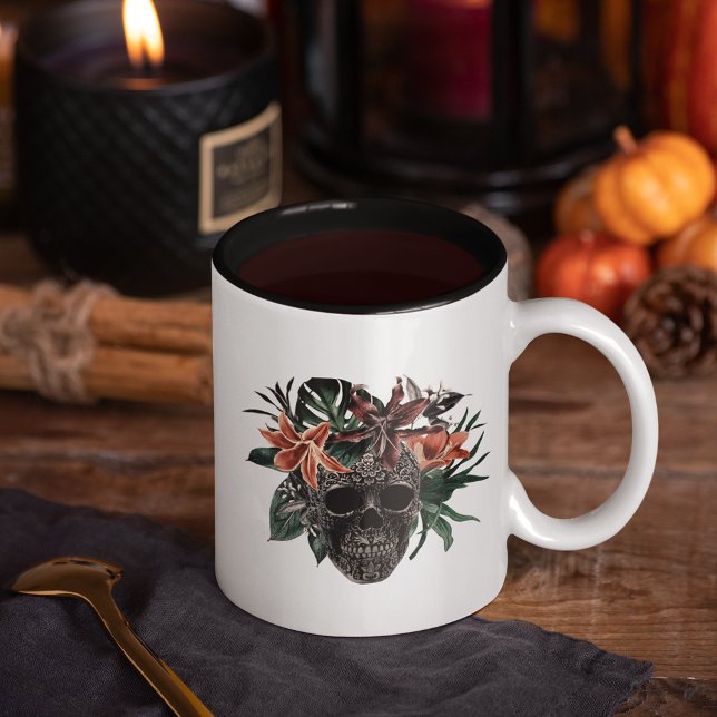 Tropical Floral Skull Halloween Two-Tone Coffee Mug (Creator Uploaded)