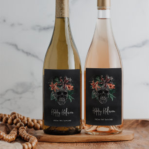 Tropical Floral Skull Halloween Wine Label