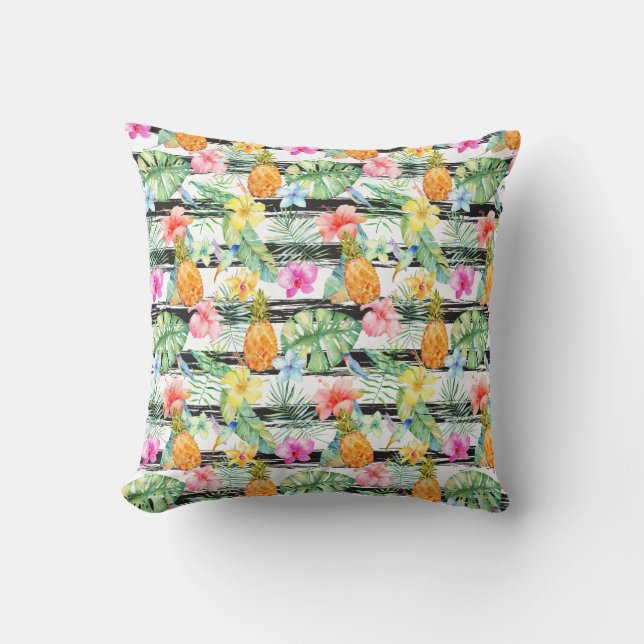 Tropical Floral Stripes Cushion (Front)