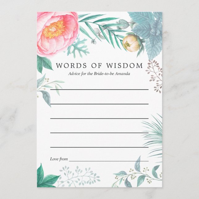 Tropical Floral Summer Bridal Shower Advice Card (Front)