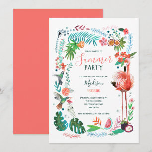 Tropical Floral Summer Flamingo Party  Invitation