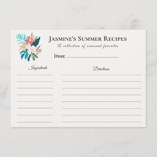 Tropical Floral Summer Recipe Card Coastal (Front)