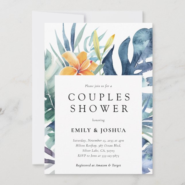 Tropical Floral Summer Watercolor Couples Shower Invitation (Front)