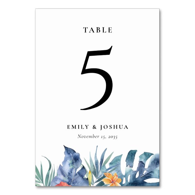 Tropical Floral Summer Watercolor Wedding  Table Number (Front)