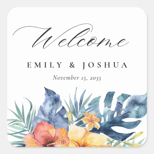 Tropical Floral Summer Welcome Wedding Square Sticker (Front)