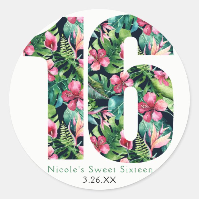 Tropical Floral Sweet 16 Hawaiian 16th Birthday Classic Round Sticker (Front)