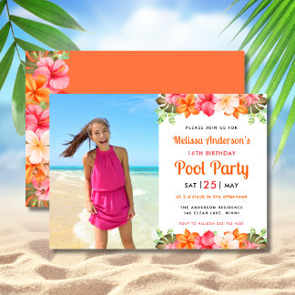 Tropical Floral Swimming Pool Party Birthday Invitation