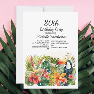 Tropical Floral Toucan 80th Birthday  Invitation