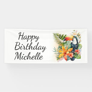 Tropical Floral Toucan Happy Birthday Name Banner