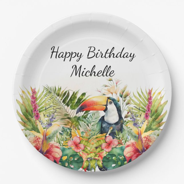 Tropical Floral Toucan Happy Birthday Name Paper Plate (Front)
