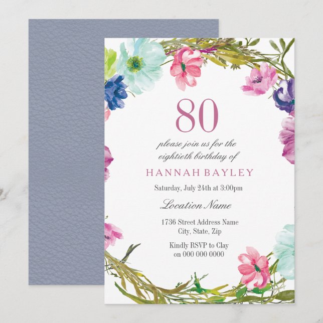 Tropical Floral Watercolor 80th Birthday Invite (Front/Back)