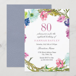 Tropical Floral Watercolor 80th Birthday Invite