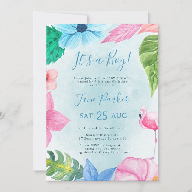 Tropical floral watercolor blue boy baby shower invitation (Front)
