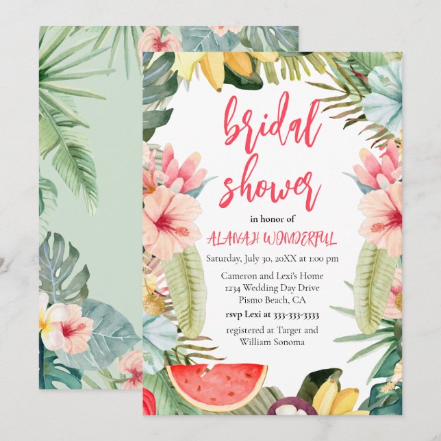 Tropical Floral Watercolor Bridal Shower  Invitati Invitation (Front/Back)