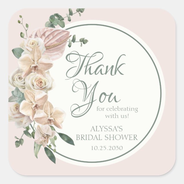 Tropical Floral Watercolor Bridal Shower Square Sticker (Front)