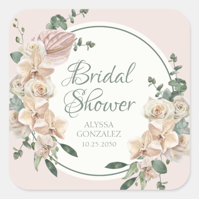Tropical Floral Watercolor Bridal Shower Square Sticker (Front)