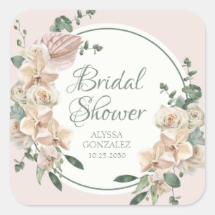 Tropical Floral Watercolor Bridal Shower Square Sticker