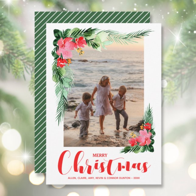 Tropical Floral Watercolor Christmas Photo Holiday Card (Creator Uploaded)